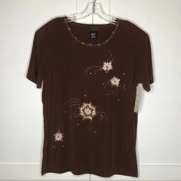 ZIO Brown Floral Embellished Stretch Top - Picture 1 of 8